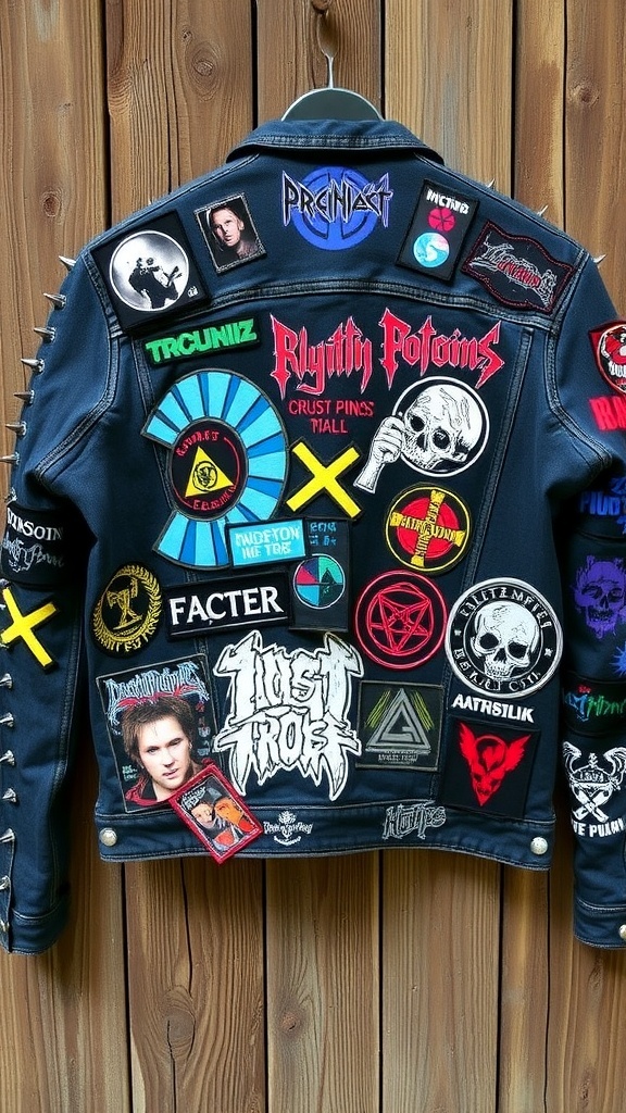 A DIY crust punk jacket with patches and spikes displayed on a wooden surface.